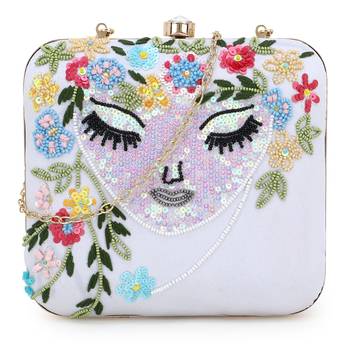 Anekaant Vista White & Multi Faux Silk Sequined & Embellished Box Clutch 1