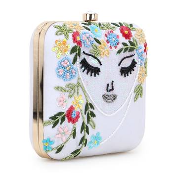 Anekaant Vista White & Multi Faux Silk Sequined & Embellished Box Clutch 2