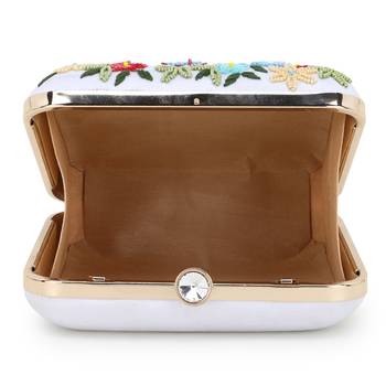 Anekaant Vista White & Multi Faux Silk Sequined & Embellished Box Clutch 4