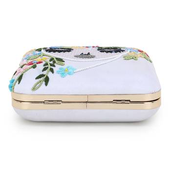 Anekaant Vista White & Multi Faux Silk Sequined & Embellished Box Clutch 5