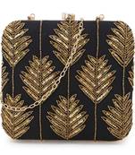 Anekaant Vista Black & Gold Faux Silk Botanical Embellished Box Clutch