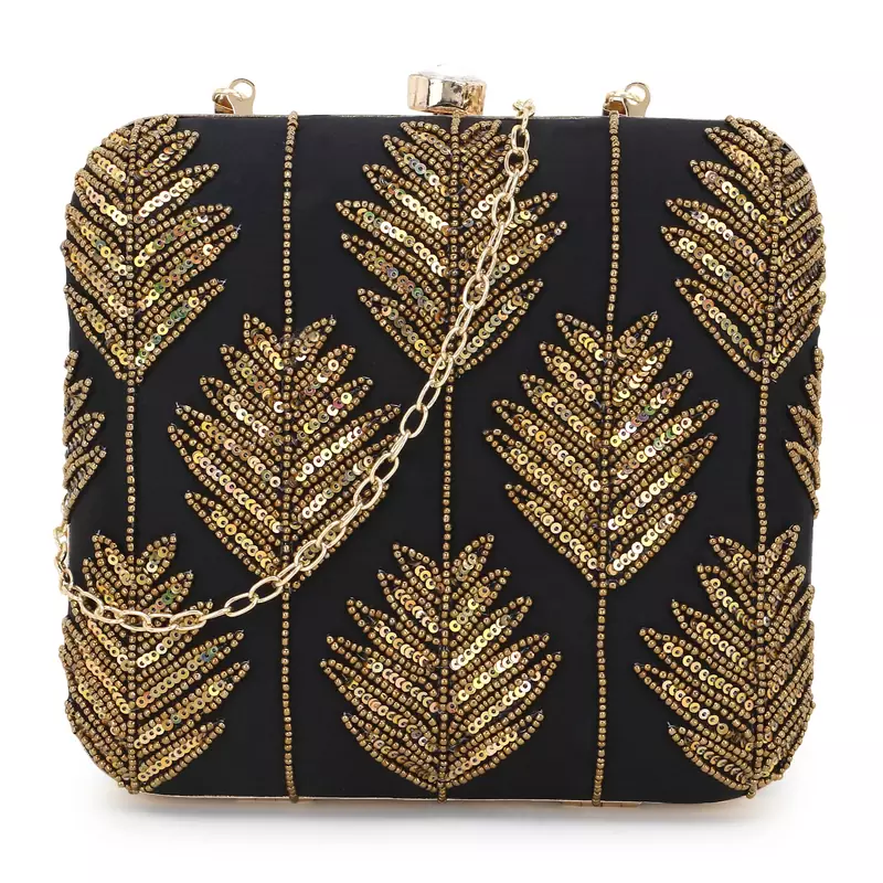 Anekaant Vista Black & Gold Faux Silk Botanical Embellished Box Clutch