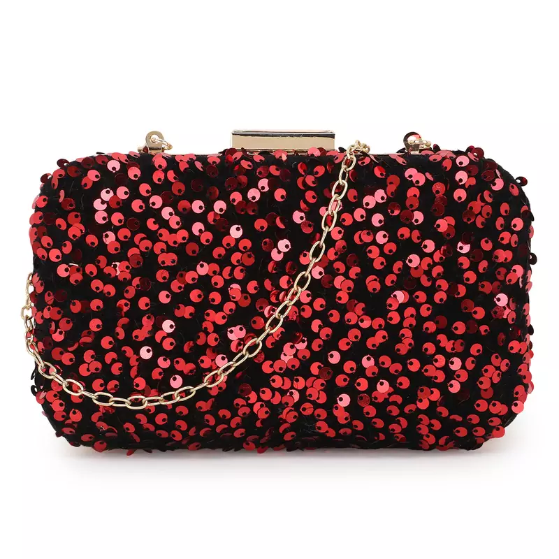 Anekaant Quill Black & Red Velvet Sequined Box Clutch
