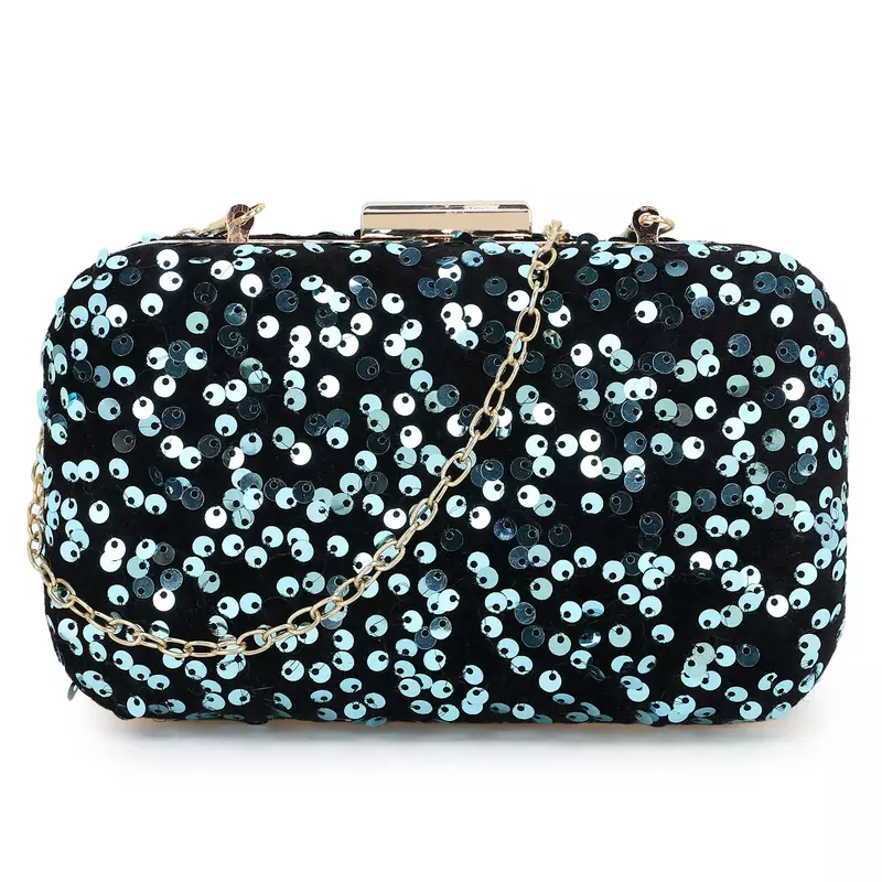 Anekaant Quill Black & Blue Velvet Sequined Box Clutch
