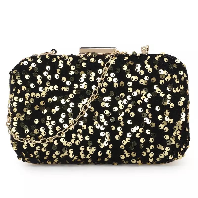 Anekaant Quill Black & Gold Velvet Sequined Box Clutch