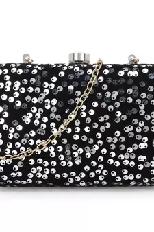 Anekaant Quill Black & Silver Velvet Sequined Box Clutch