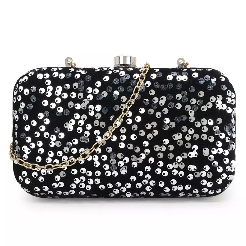 Anekaant Quill Black & Silver Velvet Sequined Box Clutch