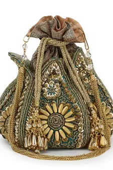 Anekaant Lotus Green & Gold Faux Silk Embellished Potli