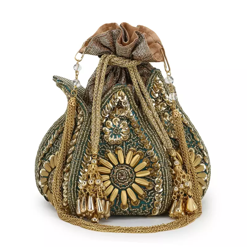 Anekaant Lotus Green & Gold Faux Silk Embellished Potli