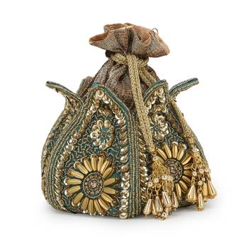 Anekaant Lotus Green & Gold Faux Silk Embellished Potli 2