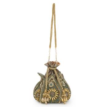 Anekaant Lotus Green & Gold Faux Silk Embellished Potli 3