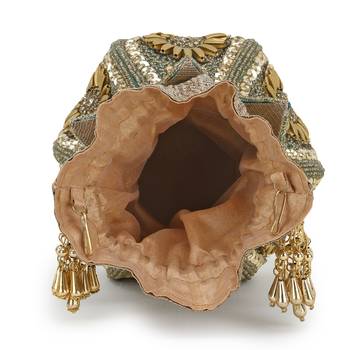 Anekaant Lotus Green & Gold Faux Silk Embellished Potli 4