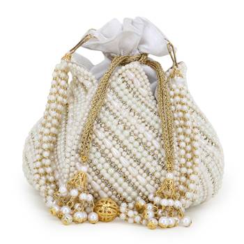 Anekaant Lotus White & Gold Faux Silk Embellished Potli 1