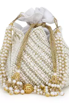 Anekaant Lotus White & Gold Faux Silk Embellished Potli