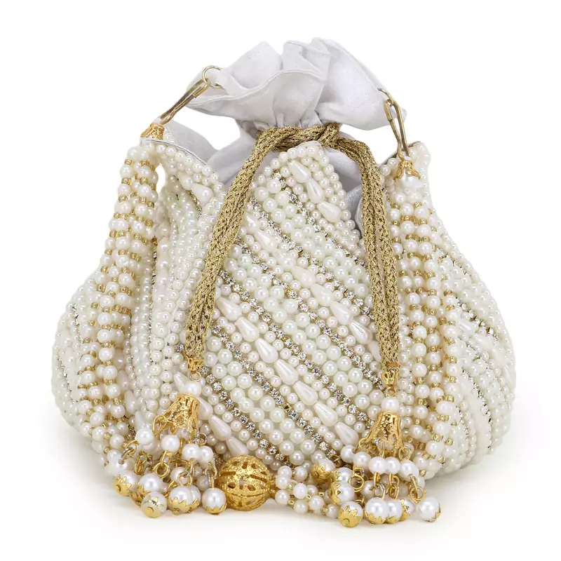 Anekaant Lotus White & Gold Faux Silk Embellished Potli
