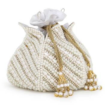 Anekaant Lotus White & Gold Faux Silk Embellished Potli 2