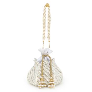 Anekaant Lotus White & Gold Faux Silk Embellished Potli 3