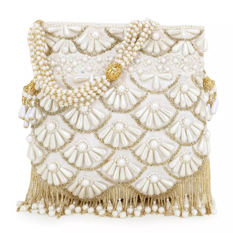 Anekaant Dangle White & Gold Faux Silk Embellished Potli