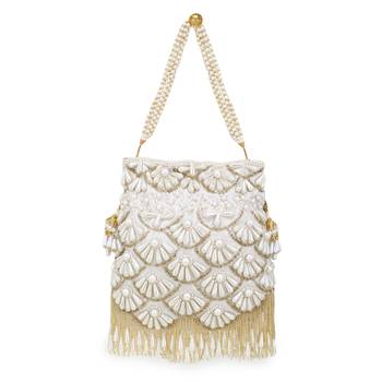 Anekaant Dangle White & Gold Faux Silk Embellished Potli 2