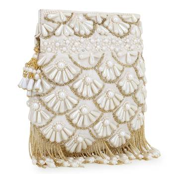 Anekaant Dangle White & Gold Faux Silk Embellished Potli 3