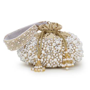 Anekaant Dangle Nude & Pearl Faux Silk Embellished Potli 1