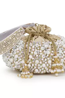 Anekaant Dangle Nude & Pearl Faux Silk Embellished Potli