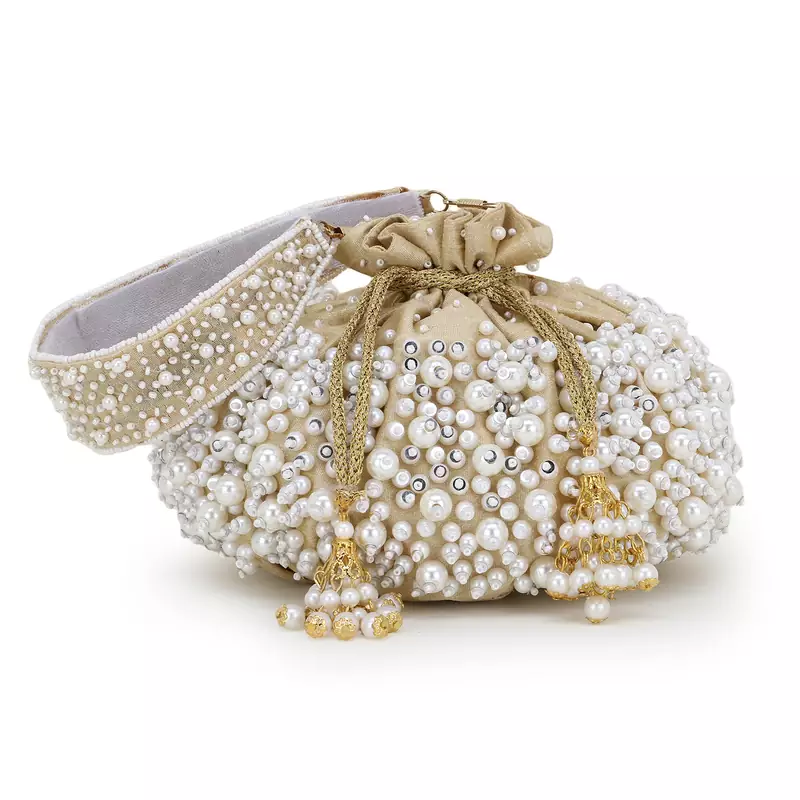 Anekaant Dangle Nude & Pearl Faux Silk Embellished Potli