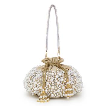Anekaant Dangle Nude & Pearl Faux Silk Embellished Potli 2