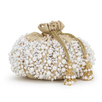 Anekaant Dangle Nude & Pearl Faux Silk Embellished Potli 3