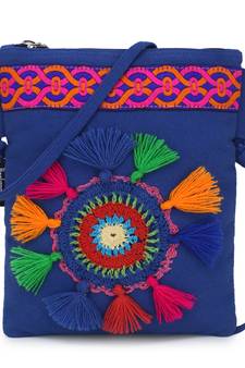 Anekaant Gotia Blue & Multi Canvas Crotia Patch with Lace Detail Sling Bag