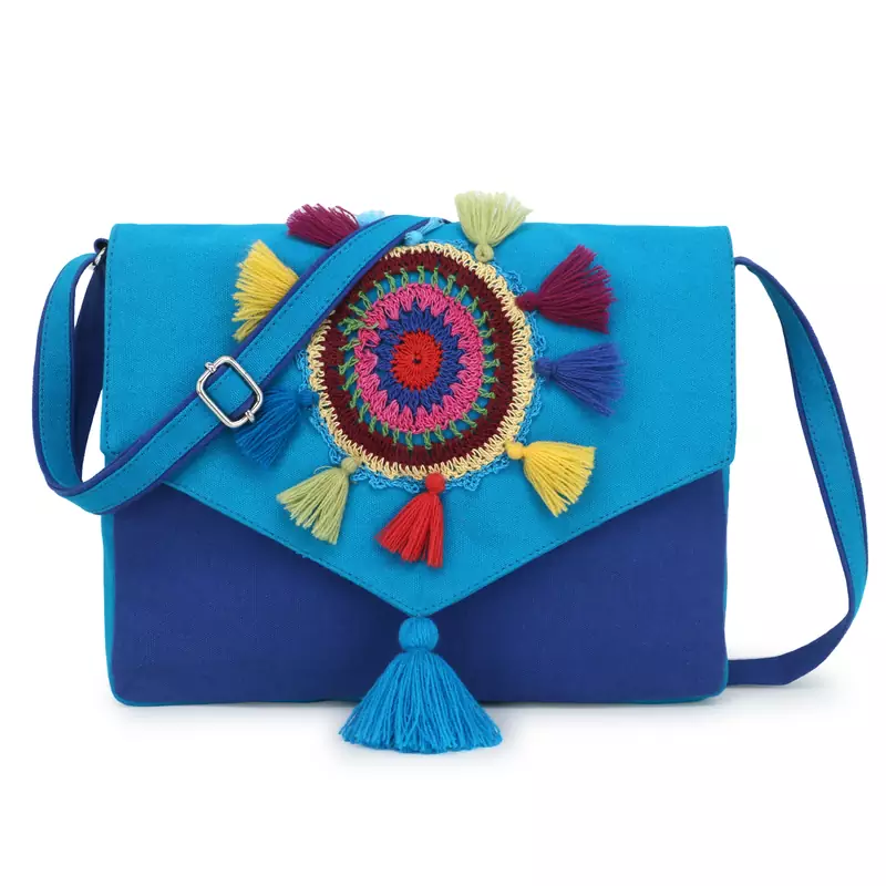 Anekaant Gotia Blue & Multi Canvas Crotia Patch Sling Bag