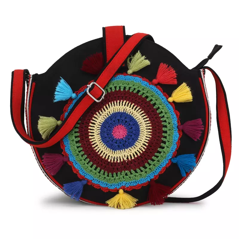 Anekaant Gotia Black & Multi Canvas Crotia Patch Sling Bag