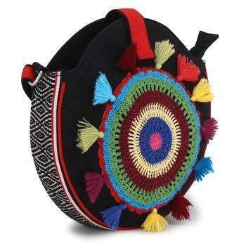 Anekaant Gotia Black & Multi Canvas Crotia Patch Sling Bag 3