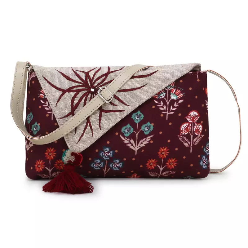 Anekaant Wine & Multi Canvas Floral Printed Sling Bag