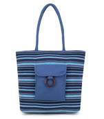 Blue & Black Jute Textured & Striped Handbag