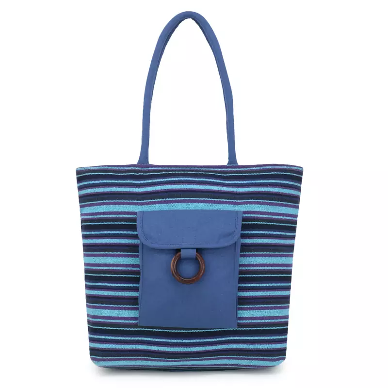 Anekaant  Blue & Black Jute Textured & Striped Handbag