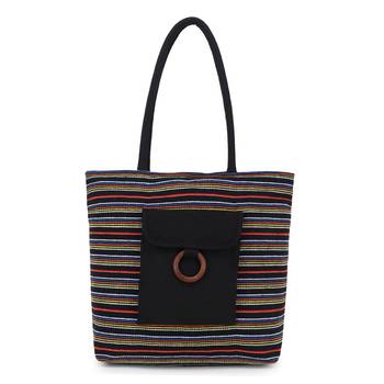 Anekaant  Black & Multi Jute Textured & Striped Handbag 1