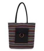Anekaant  Black & Multi Jute Textured & Striped Handbag