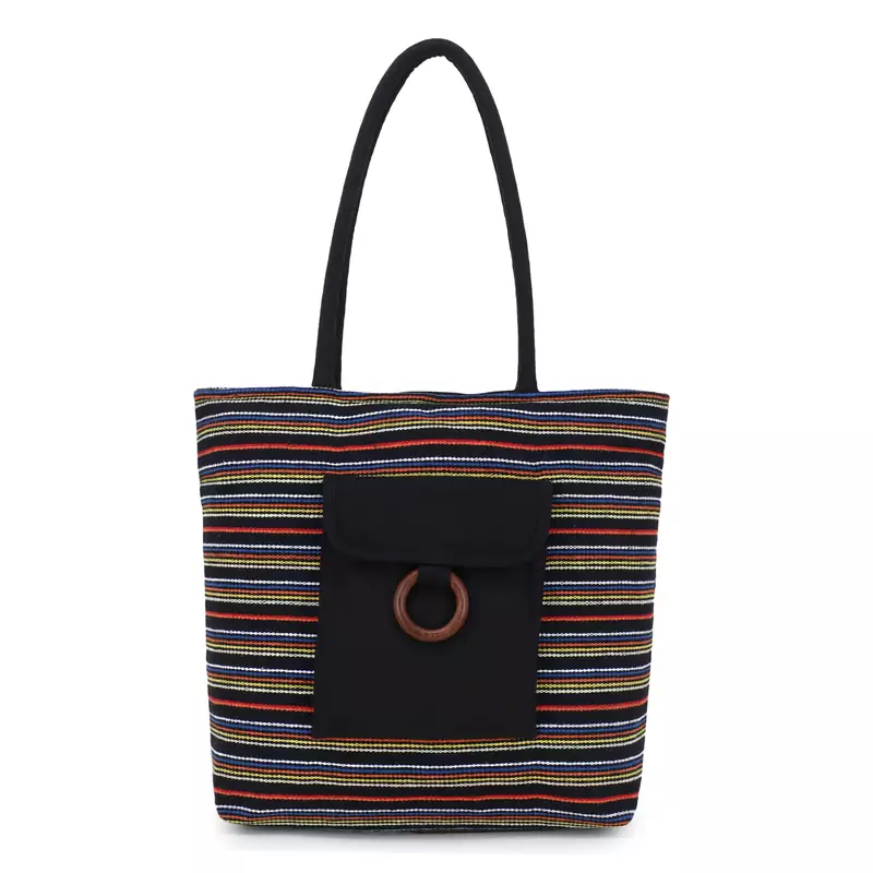 Anekaant  Black & Multi Jute Textured & Striped Handbag