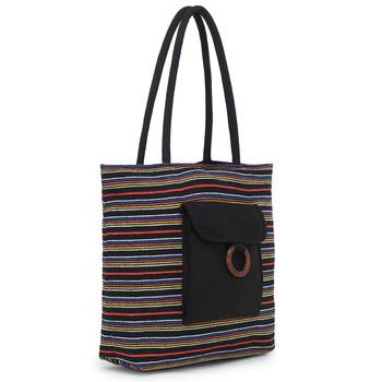 Anekaant  Black & Multi Jute Textured & Striped Handbag 2