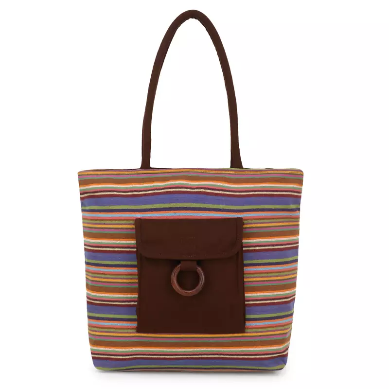 Anekaant  Brown & Multi Jute Textured & Striped Handbag