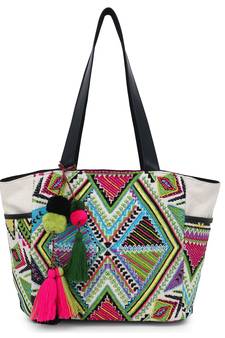 Anekaant  Natural & Multi Jacquard & Fabric Geometric Embellished Handbag