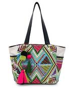 Anekaant  Natural & Multi Jacquard & Fabric Geometric Embellished Handbag