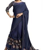 Navy blue embroidered velvet saree with blouse