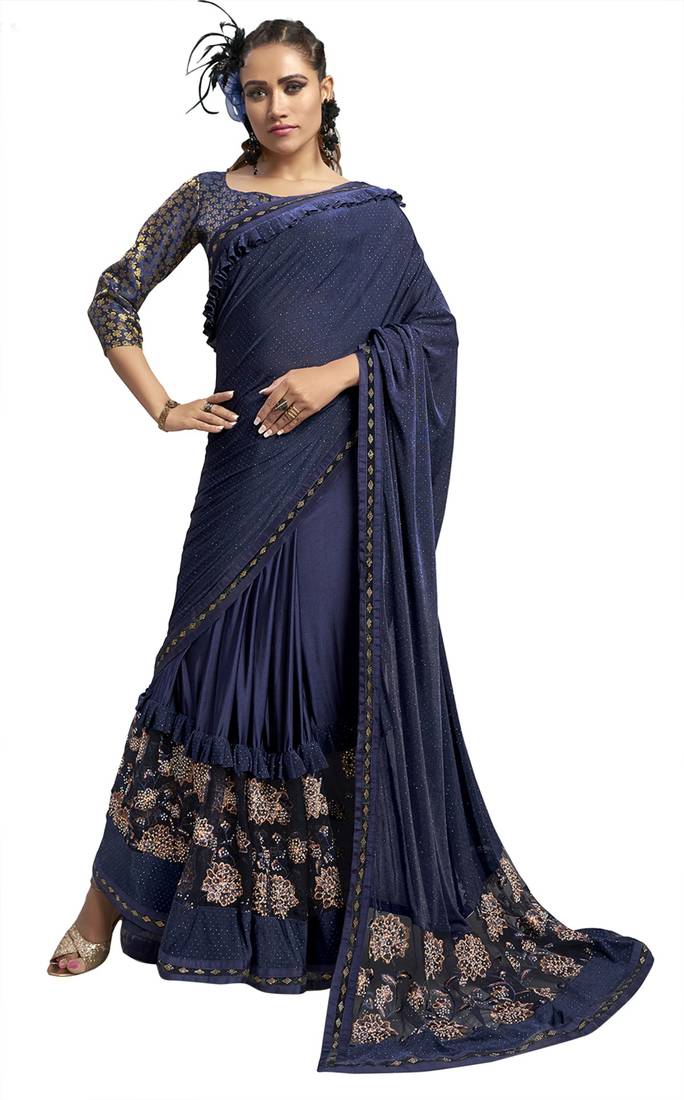Navy blue embroidered velvet saree with blouse