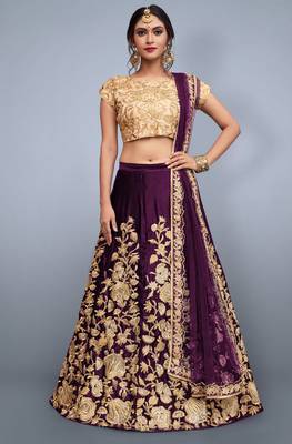 Purple embroidered art silk semi stitched lehenga 1