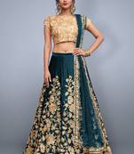 Sky-blue embroidered art silk semi stitched lehenga