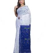 Reshom Dhakai White & Blue Colour Self Working 3D Jamdani Sarees for Women Without Blouse Peace