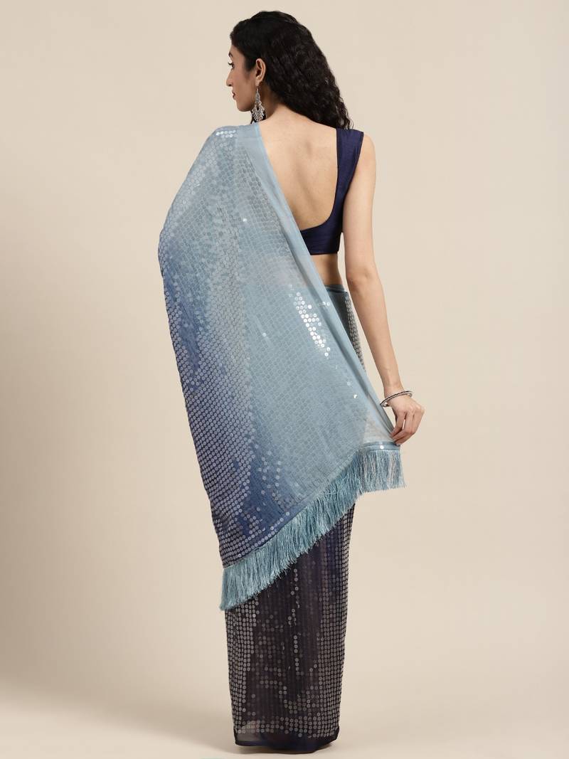 VASTRANAND Navy Blue Embellished Poly Silk Saree