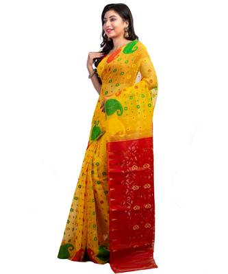 T.J.SAREES Handloom Reshom Dhakai Yellow & Red 3D Working Jamdani Sarees for Women Without Blouse Peace 1